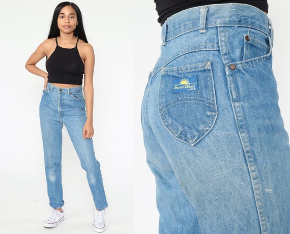 70s Straight Leg Jeans 27 Sunset Blues High Waisted Jeans Denim Pants Hippie Boho Blue 1970s Vintage 80s Bohemian Jeans Festival Small