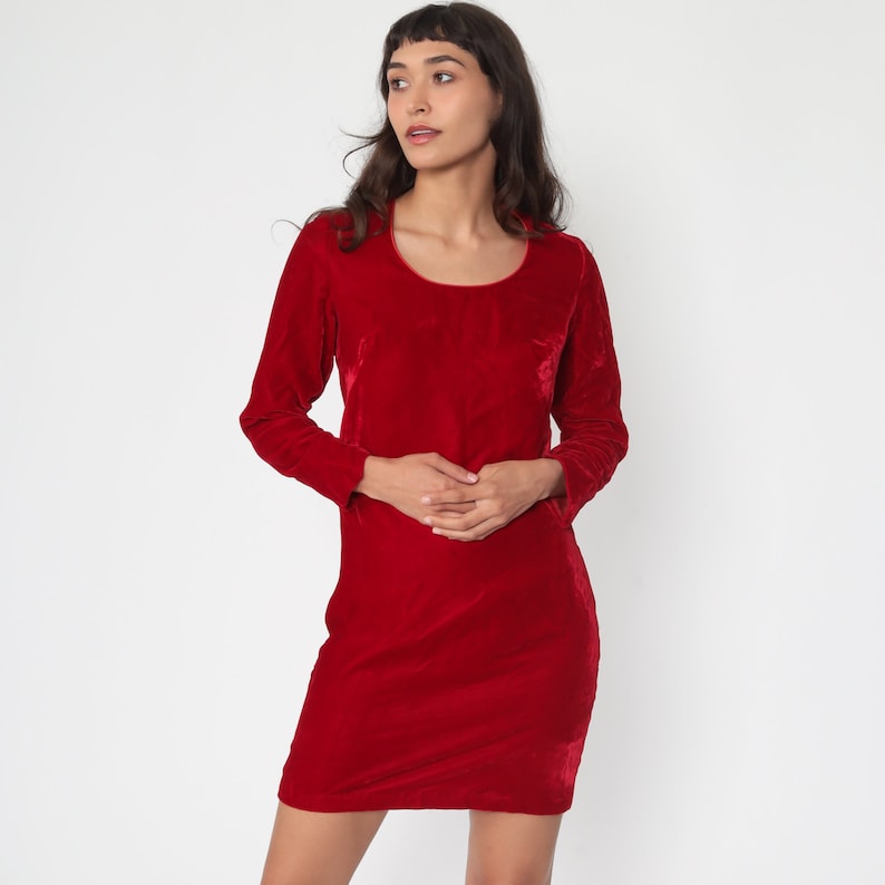 Velvet Mini Dress 60s Mod Party Red Vintage Cocktail Shift Long Sleeve 70s Gogo Formal Lolita Holiday MiniDress Small