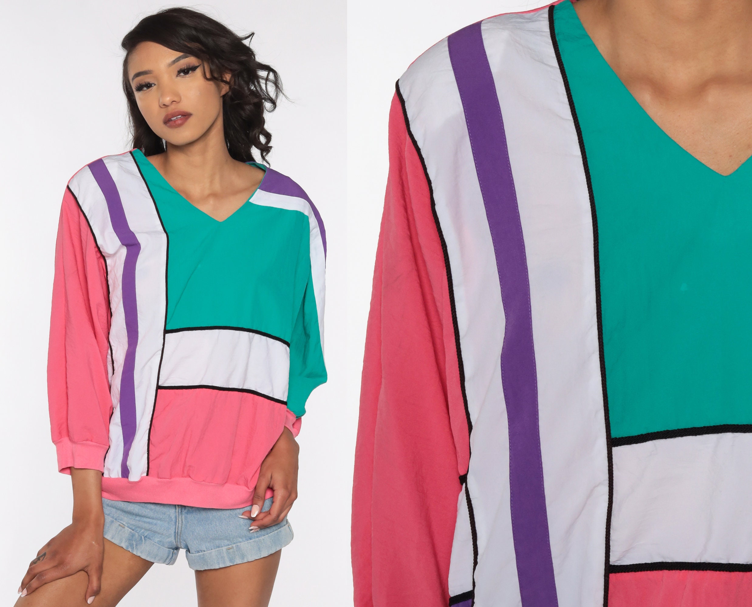 Color Block Shirt 80s Pink GreenTop 