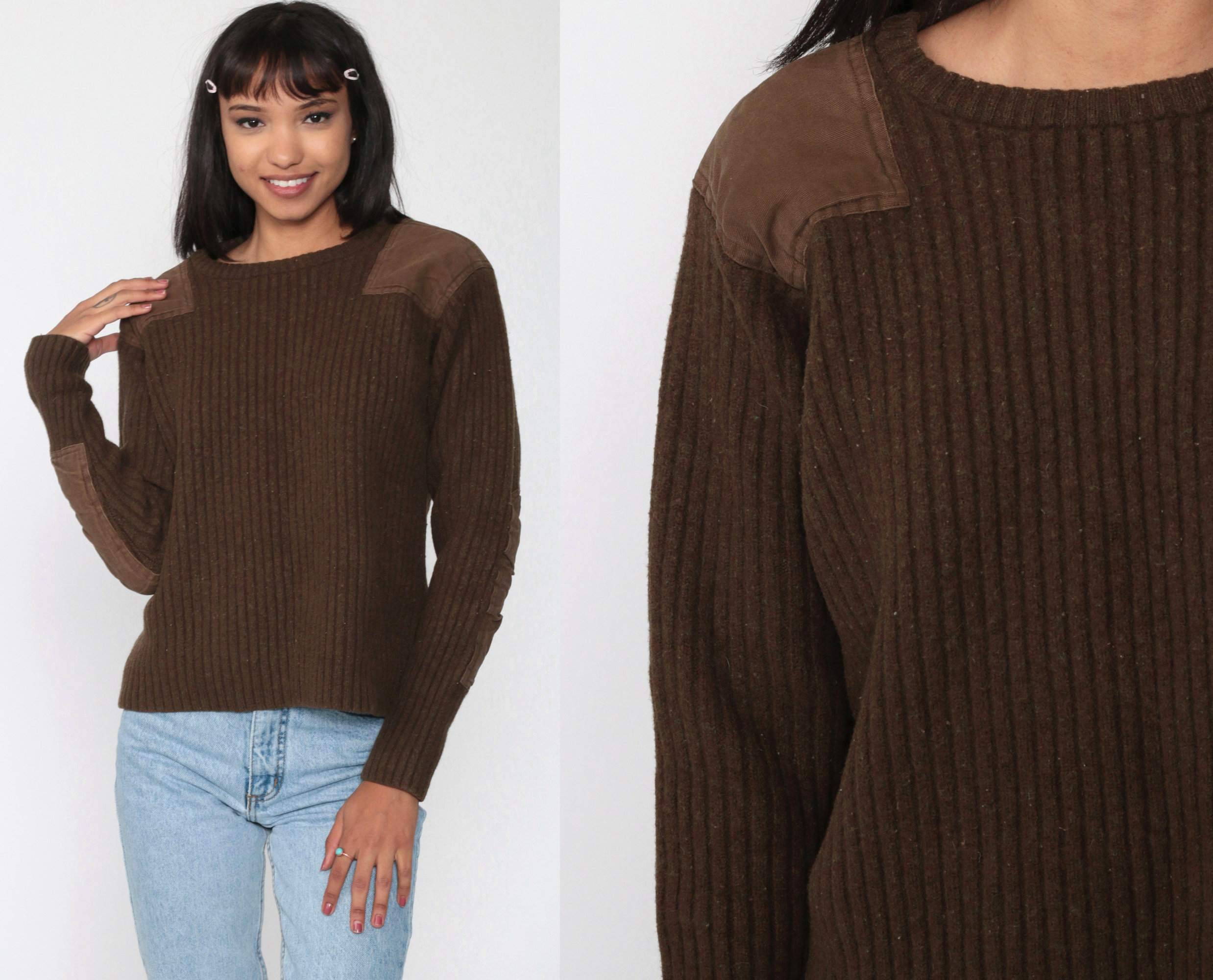 LL Bean Army Sweater Brown WOOL Military Sweater 80s Commando