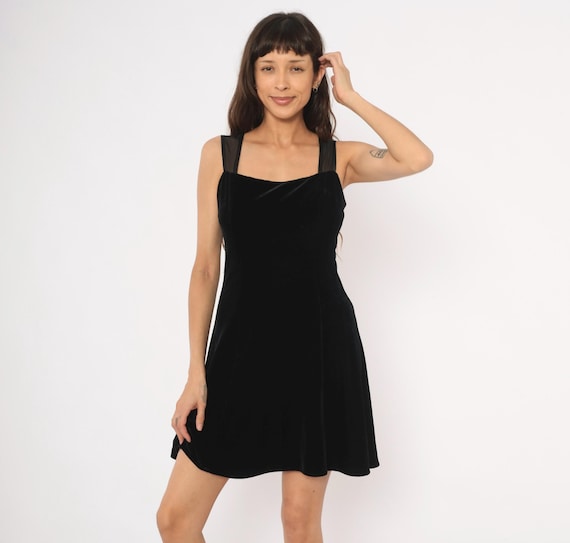 90s Velvet Mini Dress Black Sheer Mesh Back Sweetheart Neckline Skater Sleeveless Party Cocktail Dark Feminine Going Out Tank Strap Medium M