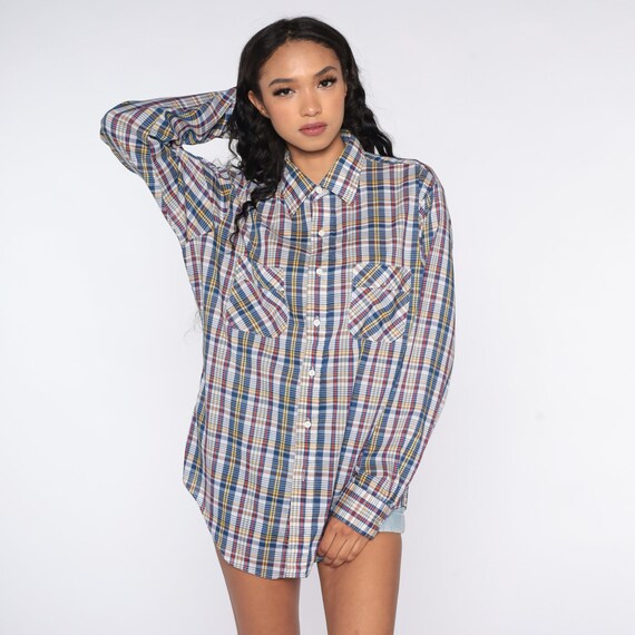 80s Plaid Shirt Blue Checkered Shirt 1980s Shirt Vintage Button Up Top Pocket Long Sleeve Oxford Shirt White Red Men's Large