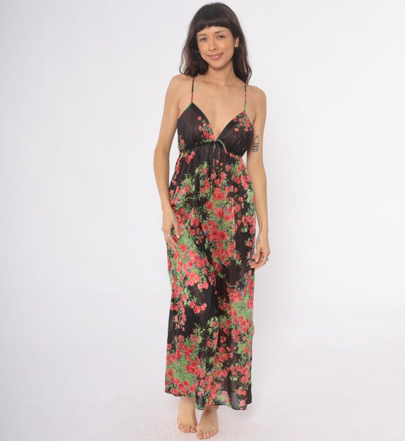 70s Floral Maxi Dress Black Red Green Pink Empire Waist Spaghetti Strap Plunge V Neck Backless Semi Sheer Tie Waist Slip Small Medium S M