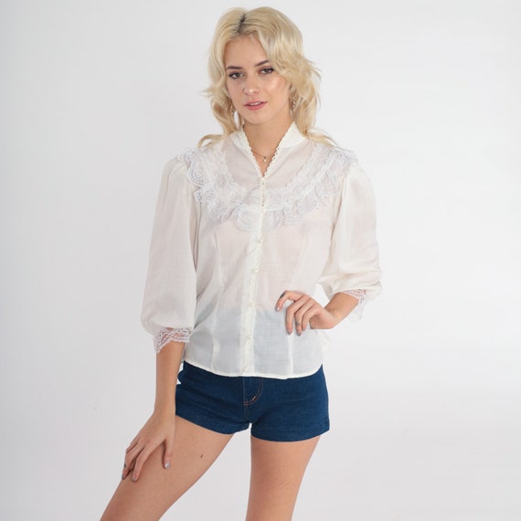 White Victorian Blouse 80s Lace Bib TUXEDO Button Up Semi-Sheer Top Boho Hippie 1980s Vintage 3/4 Puff Sleeve Bohemian Shirt Medium