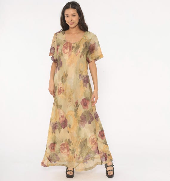 90s Floral Maxi Dress Cream Rose Print Scoop Neck Flutter Sleeve Sheer Chiffon A Line Floor Length Sage Garden Party Gown Extra Large XL