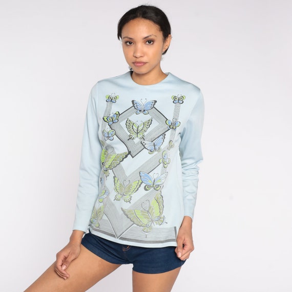 70s Butterfly Blouse Powder Blue Graphic Shirt 60s Mod Top Boho Shirt Hippie Novelty Long Sleeve Bohemian Hipster Vintage 1970s Medium M