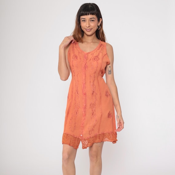 90s Indian Embroidered Dress Boho Orange Mini Dress Paisley Sundress Hippie Button Up Day Princess Seam Sun Vintage 1990s Small Medium