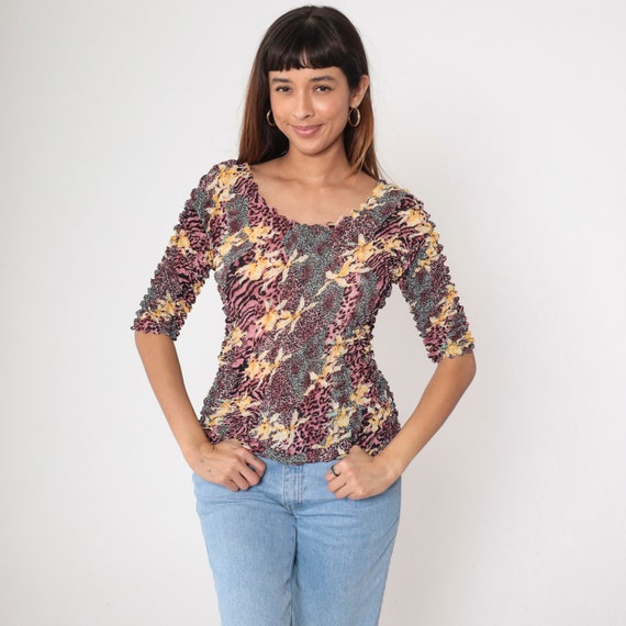 Vintage Y2K Popcorn Shirt Tropical Floral Animal Print Gold Metallic Short Sleeve Textured Magic Bubble Blouse Pink Black Small Medium xs