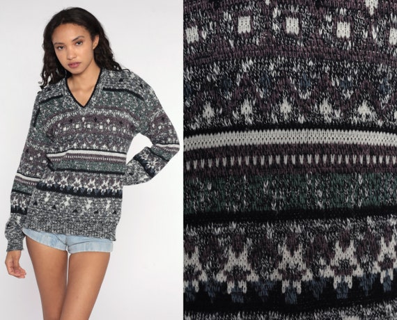 80s Geometric Sweater Flecked Grey Striped Print 90s Knit Jumper Acrylic 1980s Statement Grunge Vintage Pullover V Neck Medium