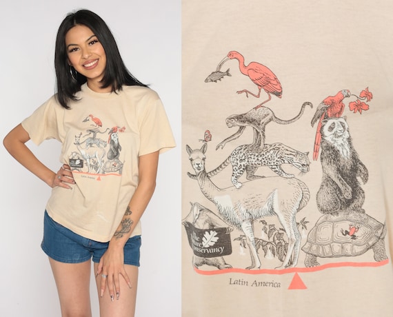 Latin America Shirt Y2K Wildlife Graphic Tee The Nature Conservancy Tortoise Llama Monkey Bird Tourist Travel Animal Tan Vintage 00s Small S