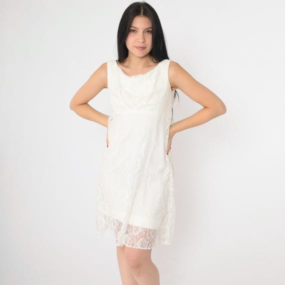 Vintage White Lace Dress 60s Mini Party Empire Waist Shift Prom Mod 1960s Cocktail Sleeveless Formal Evening Extra Small XS
