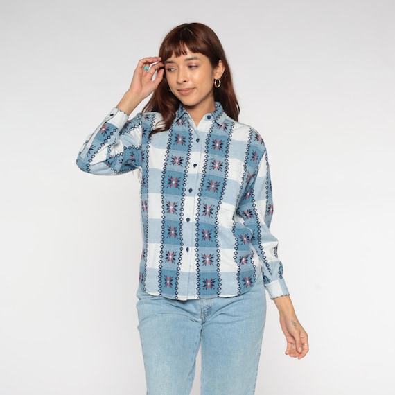 Southwestern Plaid Shirt 90s Blue White Striped Print Button Up Geometric Western Ranch Rodeo Wear Long Sleeve Cotton Collared Small S