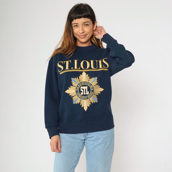 Vintage St. Louis Missouri Sweatshirt 90s Crewneck Navy Blue Graphic Shirt MO 1990s Athletic Wear Pullover 1990s Destination Travel Medium