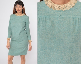 60s Mod Dress Seafoam Mini Dress Cream Lace Collar Dress Twiggy Shift Cocktail Party Blue-Green 1960s Vintage Sixties Long Sleeve Small 4