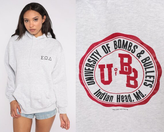 University of Bombs and Bullets Hoodie 90s NAVSCOLEOD Naval School Hooded Sweatshirt EOD Army Explosives Indian Head Vintage Jerzees Large L