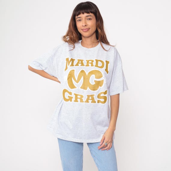 Mardi Gras Tee 90s Heather Gray Cotton Vintage Graphic Shirt 1998 Streetwear Festival Party New Orleans Boxy Relaxed Fit Extra Large XL