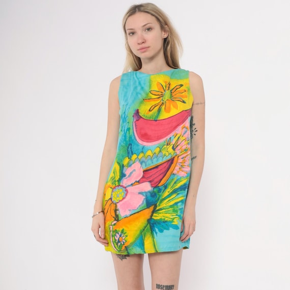 60s Psychedelic Mini Dress Tie Dye Floral Print Shift Turquoise Yellow Pink Orange Red Colorful Rainbow Cotton Vintage Hippie Summer Small S