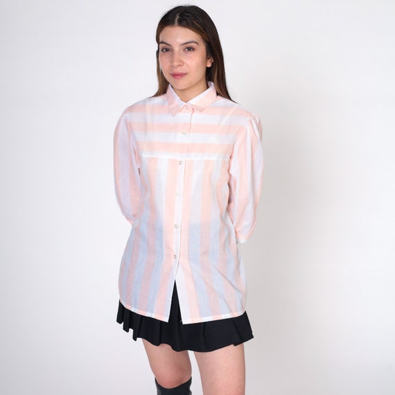 80s Striped Shirt Peach White Button Up Shirt Vintage Collared Short Puff Sleeve Blouse 1980s Casual Loose Cotton Polyester Medium