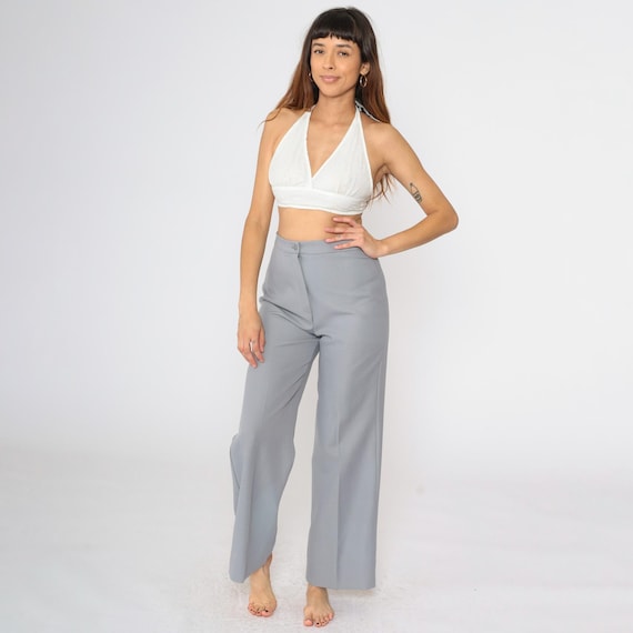 Grey Wide Leg Trousers Vintage 70s Straight Leg Pants Super High Waist Polyester Hippie 1970s Bohemian Boho Small S