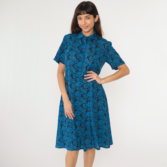 80s Midi Dress Abstract Floral Print Day Dress Short Sleeve Button Up Shift Shirtdress Vintage 1980s Black Botanical Print Medium Large