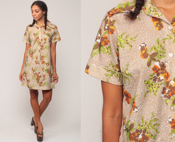 70s Mini Dress 60s Shift Mod Floral Shirtdress Hippie Boho Button Up Short Sleeve Vintage 1970s Flower Power Light Brown Large