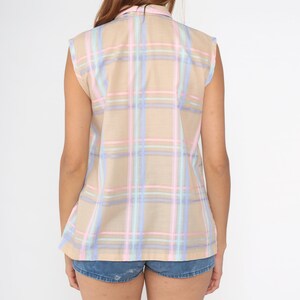 80s Plaid Blouse Tan Pastel Button Up Tank Top Pink Lavender Checkered Shirt 1980s Check Print Top Vintage Preppy Sleeveless Shirt Medium image 5