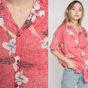 Tropical Floral Shirt Faded Red Hawaiian Shirt Button Up 90s Vintage Surfer Vacation Short Sleeve Top Surf 1990s Men's Large image 1