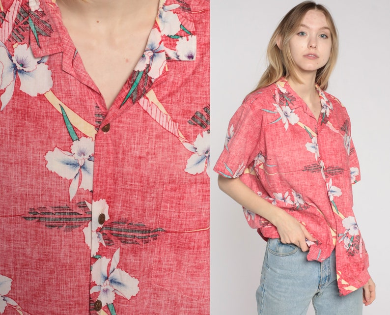 Tropical Floral Shirt Faded Red Hawaiian Shirt Button Up 90s Vintage Surfer Vacation Short Sleeve Top Surf 1990s Men's Large image 1