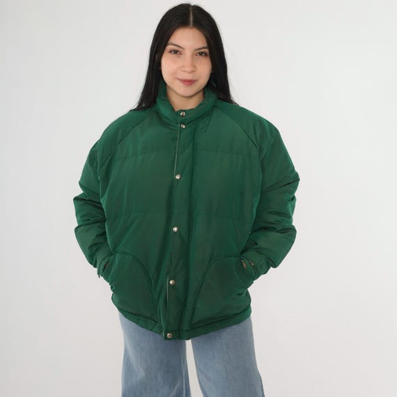 Vintage Green Goose Down Jacket 80s Puffer Ski Coat Retro Skiwear Puffy Snap Up Plain Sporty Winter Sportswear Puff 1980s Large L