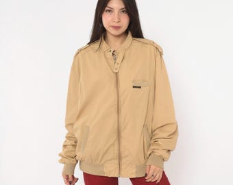 80s Members Only Bomber Jacket Beige Tan Cafe Racer Snap Collar Epaulette Khaki Harrington Chest Pocket Windbreaker Vintage Extra Large XL