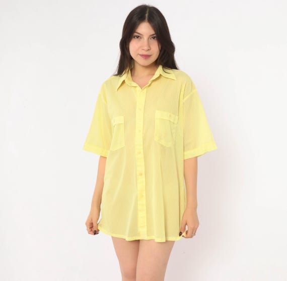 70s Sheer Yellow Shirt Striped Button Front Short Sleeve Pointed Collar Boxy Pastel Lemon Summer Blouse Disco Menswear Jean Phillipe Large L