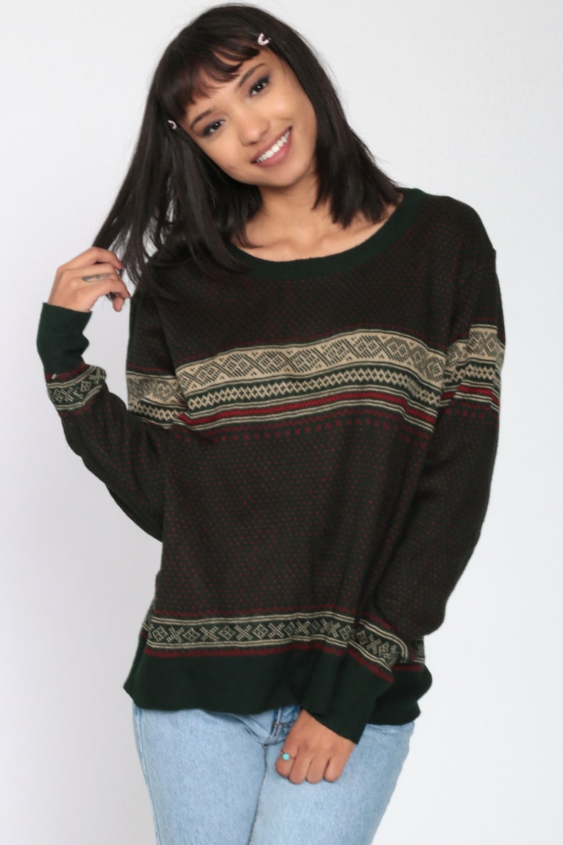 Fair Isle Sweater 80s Dark Green Nordic Sweater Slouchy Sweater Knit Grunge Striped 1980s Retro Boho Pullover Sweater Jumper Men/'s Medium