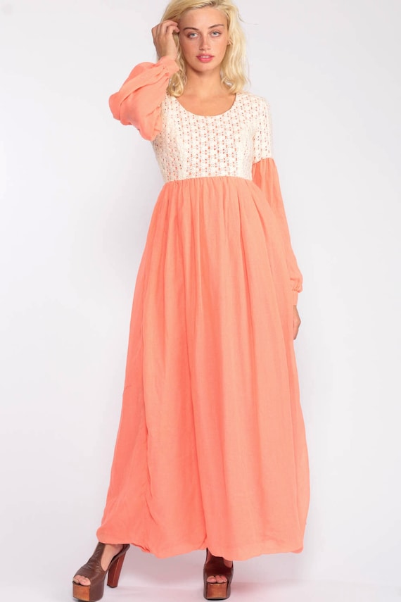 Medieval Revival Dress 70s Maxi Bohemian Peach Lace Dress Party Crochet Empire Waist Vintage Hippie Renaissance Festival  Extra Small xs