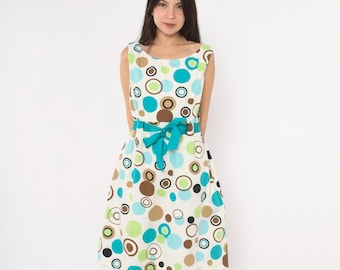 Polka Dot Dress 90s Jessica Howard White Teal Blue Green Brown Circle Print Cotton A Line Bow Belt Summer Sundress Garden Party Large L