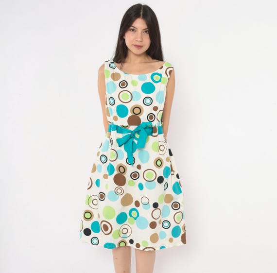 Polka Dot Dress 90s Jessica Howard White Teal Blue Green Brown Circle Print Cotton A Line Bow Belt Summer Sundress Garden Party Large L