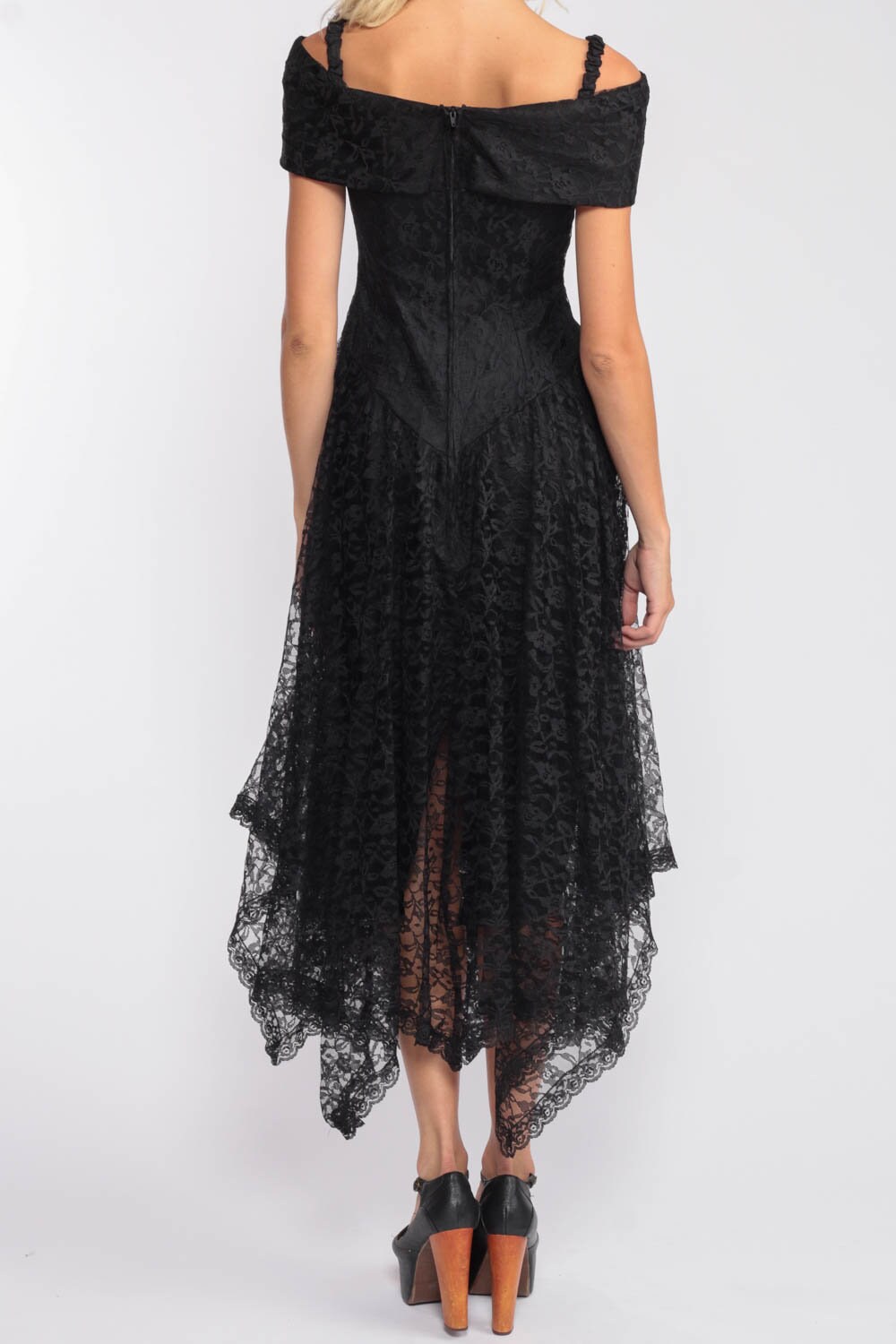 Gothic Lace Dress 80s Party Dress Midi Black Lace Prom Off Shoulder Dress Goth Dress Cold 