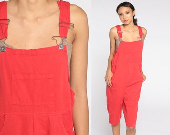 Overall Shortalls 90s Red Cotton Dungarees Bib Overalls Retro Vintage 1990s Cutoff Frayed Workwear Capri Large