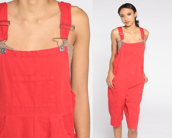 Overall Shortalls 90s Red Cotton Dungarees Bib Ov… - image 1