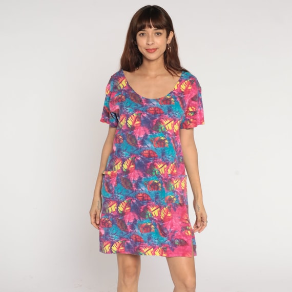 Tie Dye T-shirt Dress Y2K Pink Blue Leaf Print Mini Dress Retro Hippie Psychedelic Beach Dress Summer Vacation Festival Vintage 00s Medium M