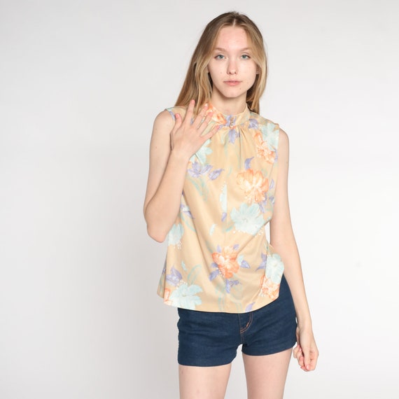 Vintage Floral Tank Top 70s Hippie Blouse Beige Boho Shirt Sleeveless Bohemian Shirt 1970s Mock Neck Medium