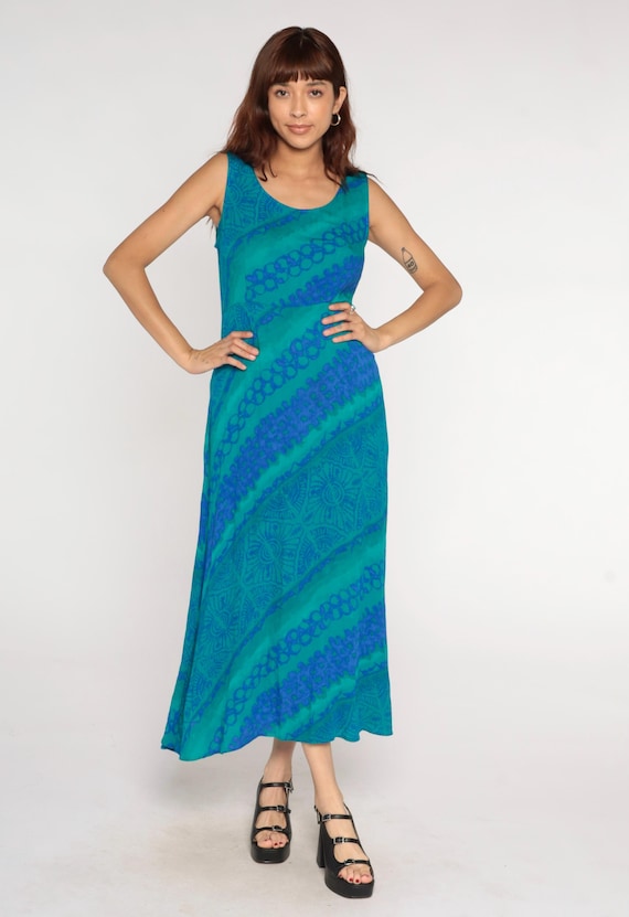 Teal Maxi Dress 90s Geometric Print Sleeveless Tank Dress Scoop Neck Vintage Summer Sundress Turquoise Blue Green Boho Vacation Medium M