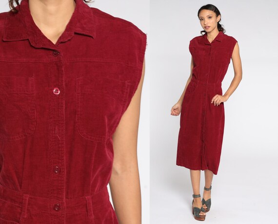 Burgundy CORDUROY Dress 80s Midi Button Up Dress … - image 1