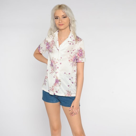 White Floral Blouse 70s Button Up Shirt Boho Top Purple Flower Print Short Sleeve Collared Top Retro Bohemian Hippie Vintage 1970s Small S