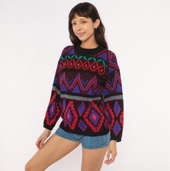 90s Southwestern Sweater Aztec Geometric Knit Pullover Crew Neck Black Purple Red Teal Diamond Pattern Crewneck Jumper Vintage Small S