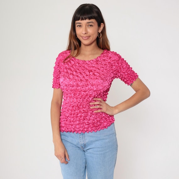 Hot Pink Popcorn Shirt Y2K Crop Top Retro Textured Bright Cropped Blouse Short Sleeve Magic Bubble Top Summer Vintage 00s Small Medium Large
