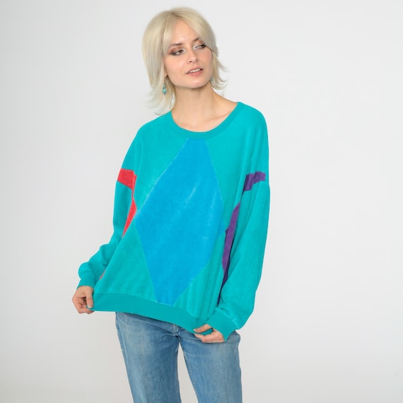 Vintage 80s Turquoise Velour Sweatshirt Color Block Shirt Slouchy Pullover Jumper 1980s Striped Slouch Long Sleeve Large L