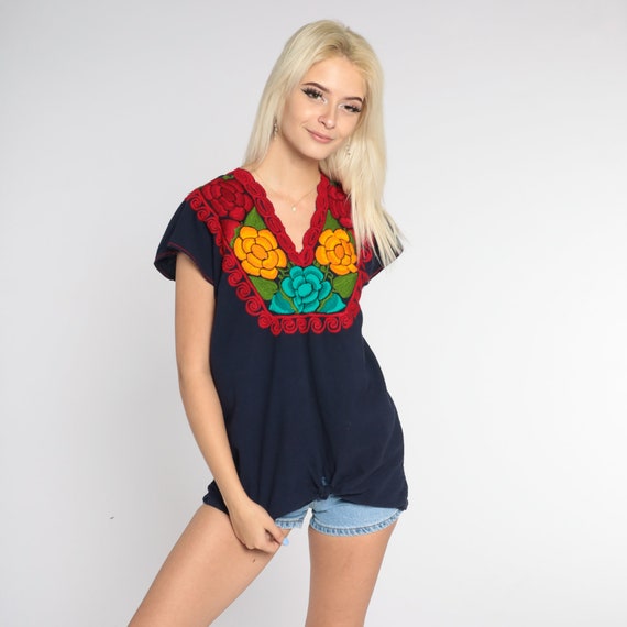 Mexican Floral Blouse 90s Navy Blue Embroidered Top Peasant Hippie Cap Sleeve Flowy Tent Shirt Summer Boho Festival Vintage 1990s Medium M