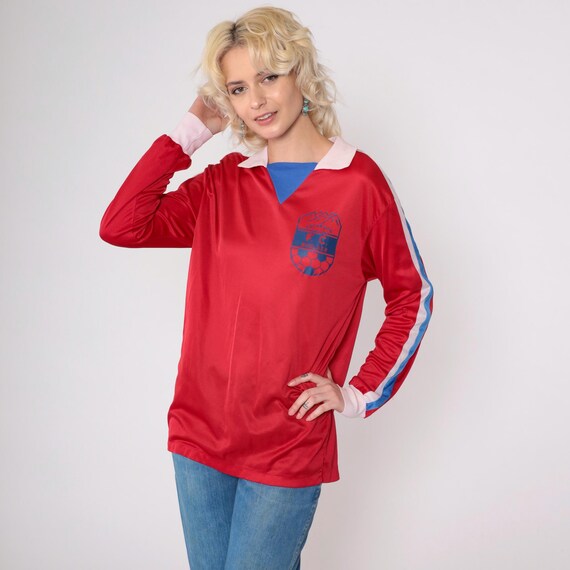 Vintage Colorado FC Boulder Soccer Jersey 80s Long Sleeve Red Blue Striped Collar Shirt 1980s Distressed Mountain Graphic Medium