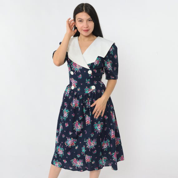 Vintage 80s Navy Floral Dress Double Breasted Midi Dress White Collar Basque Waist Shirtdress Short Puff Sleeve Button Up 1980s Medium M