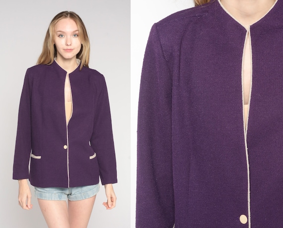 Purple Woven Blazer 70s Button Up Jacket Retro Plain Chic Secretary Tailored Preppy Formal Professional Basic Coat Vintage 1970s Large L